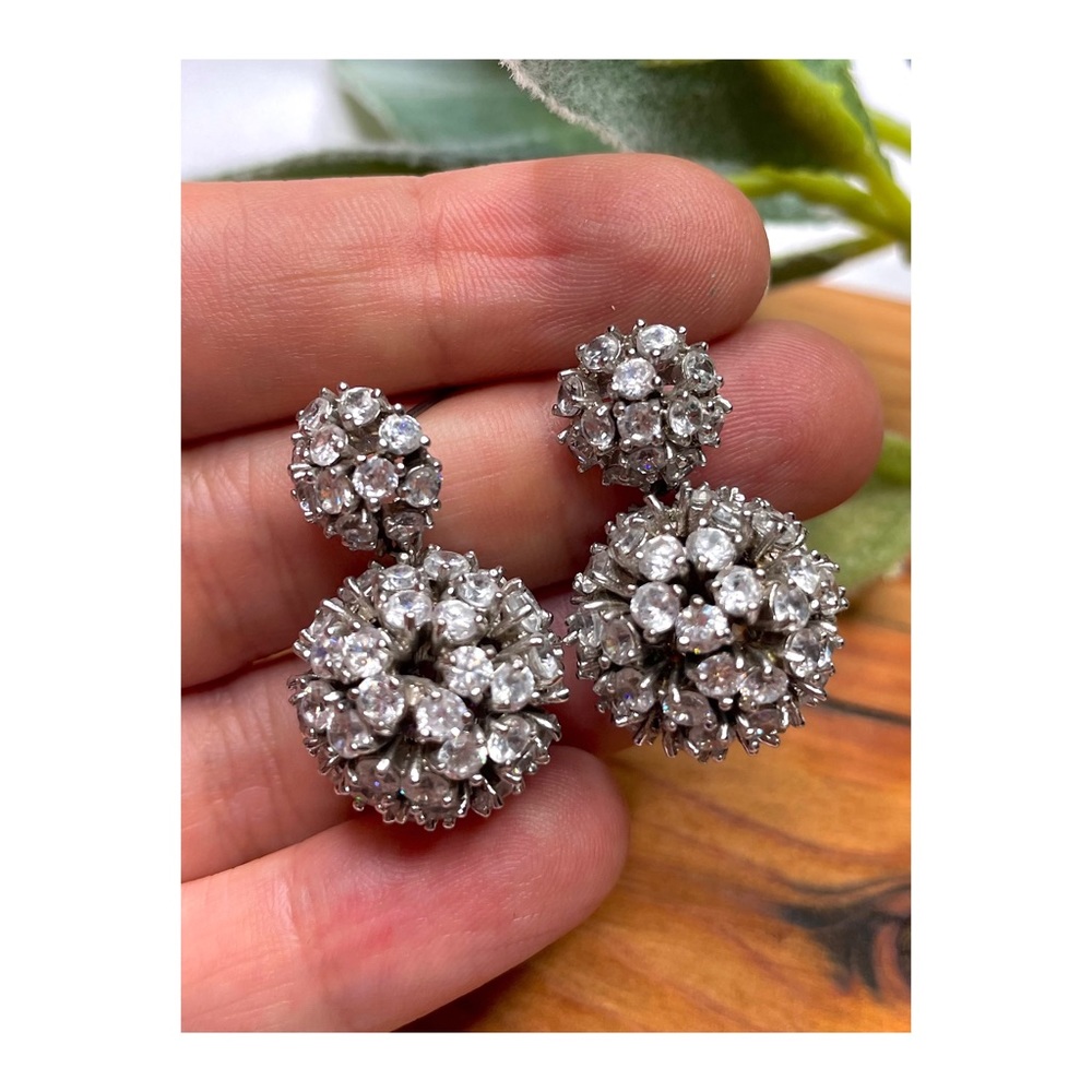 Vintage Clear Diamond Crusted Sphere Antique Glamorous Bridal Drop Earrings